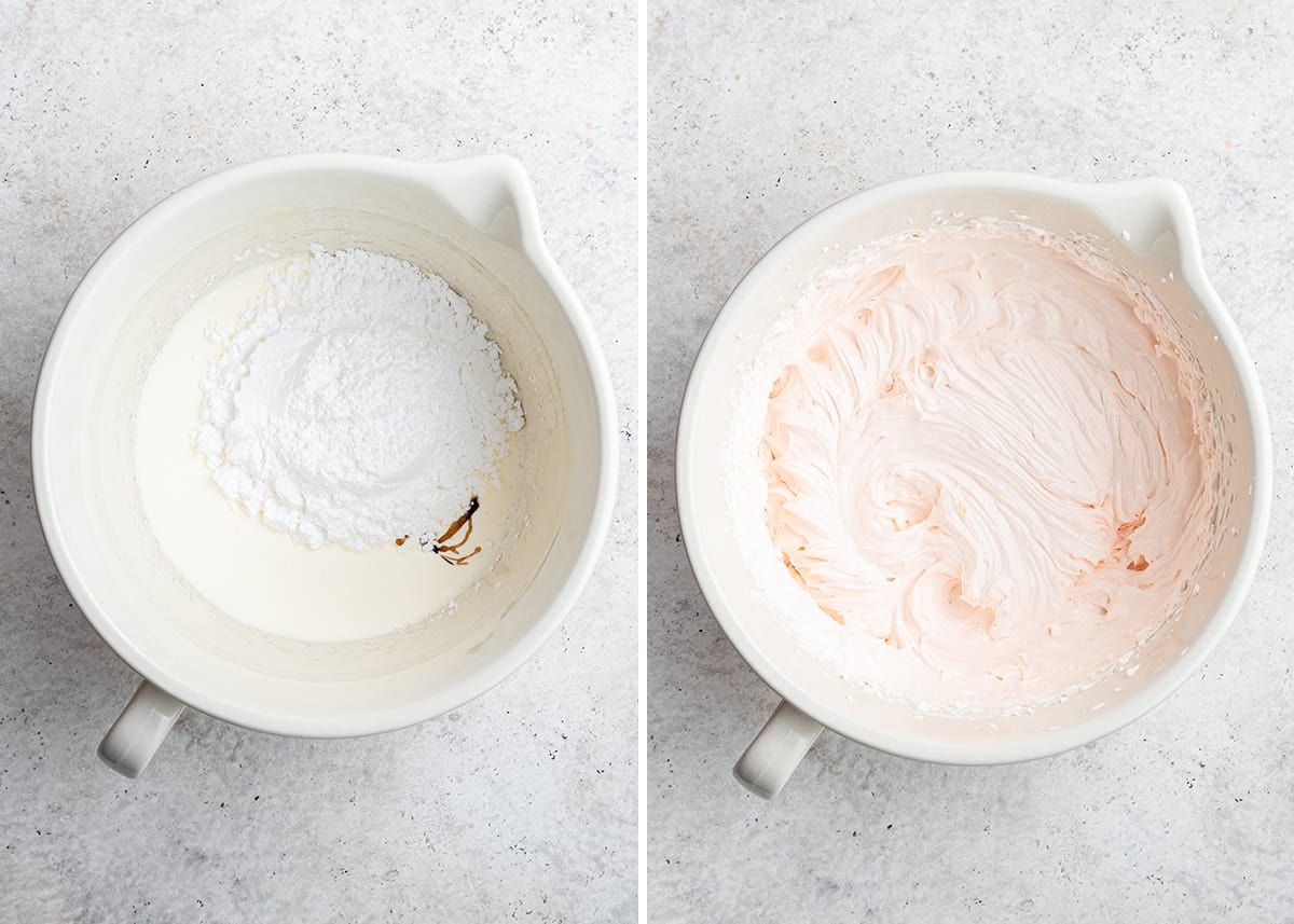 Side by side view with a mixing bowl filled with whipping cream, vanilla, and powdered sugar, and a mixing bowl with a creamy whipped cream and mascarpone filling with red food dye