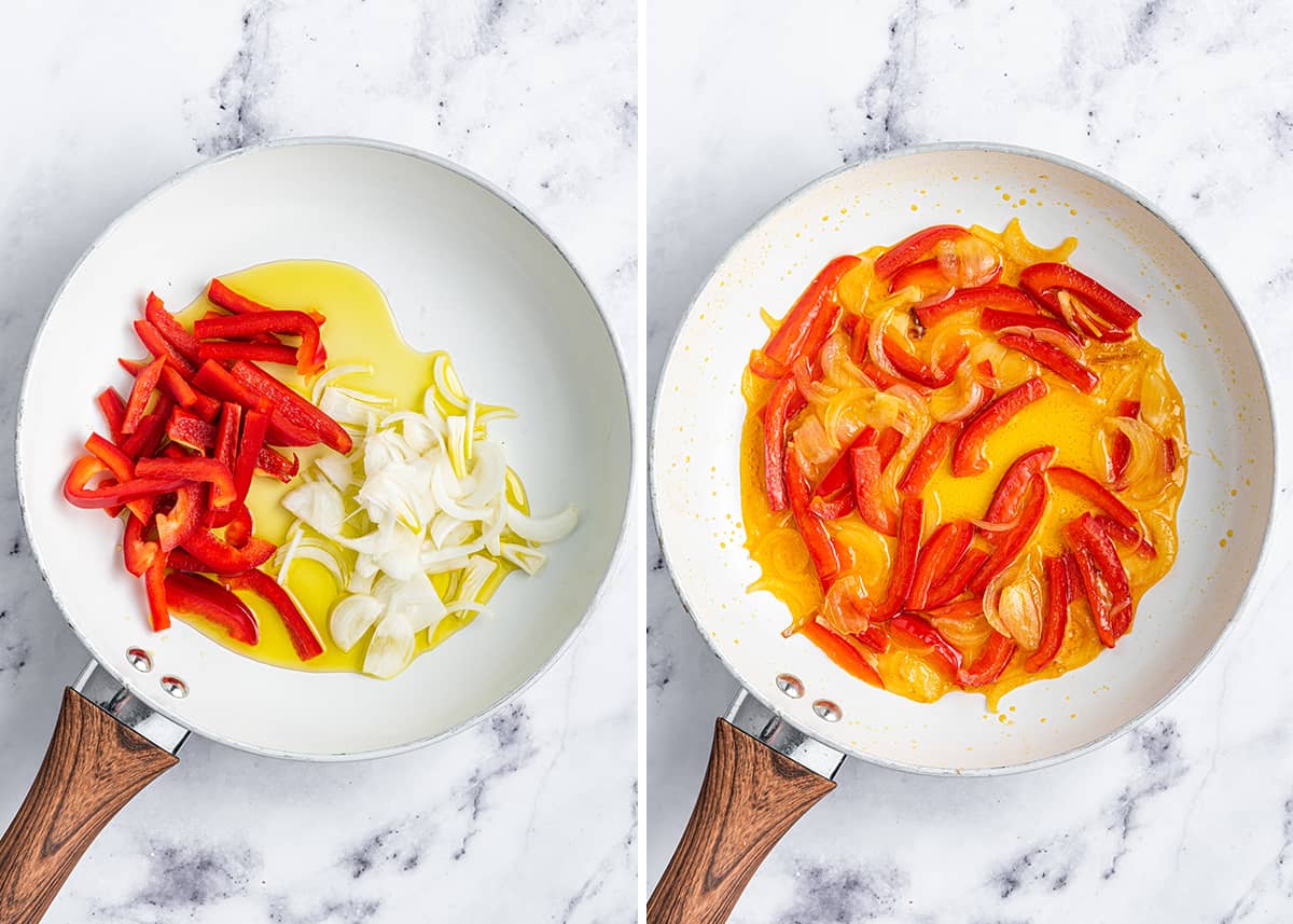 Side by side of raw bell peppers and onions in a skillet, and cooked bell peppers and onions in a skillet