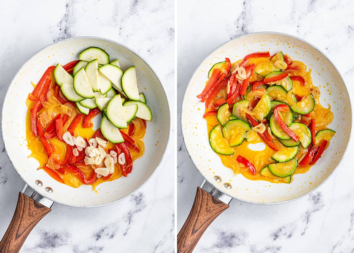 Side by side with raw zucchini and garlic on top of cooked bell peppers and onions, and all of those ingredients cooked together in a skillet.