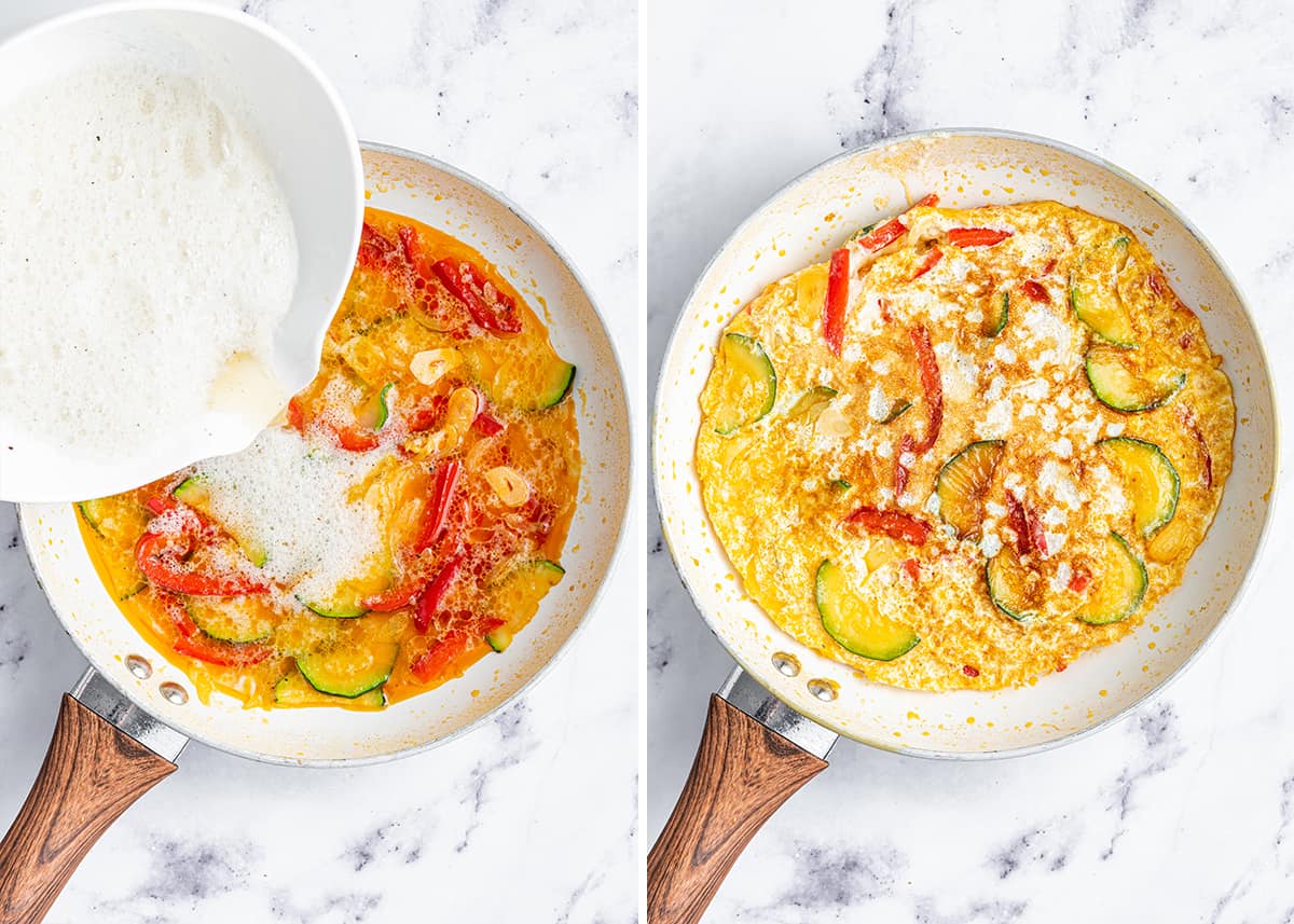 Side by side of egg whites being poured into a skillet with bell peppers and zucchini, and an omelet setting up in a skillet
