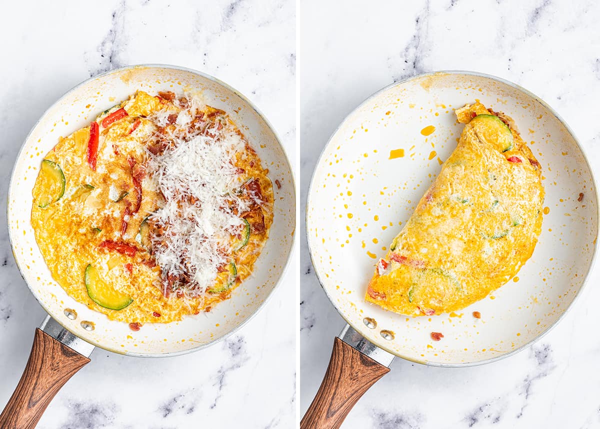Side by side picture with bacon and parmesan on top of an unfolded omelet in a pan, and the omelet folded in half in a pan