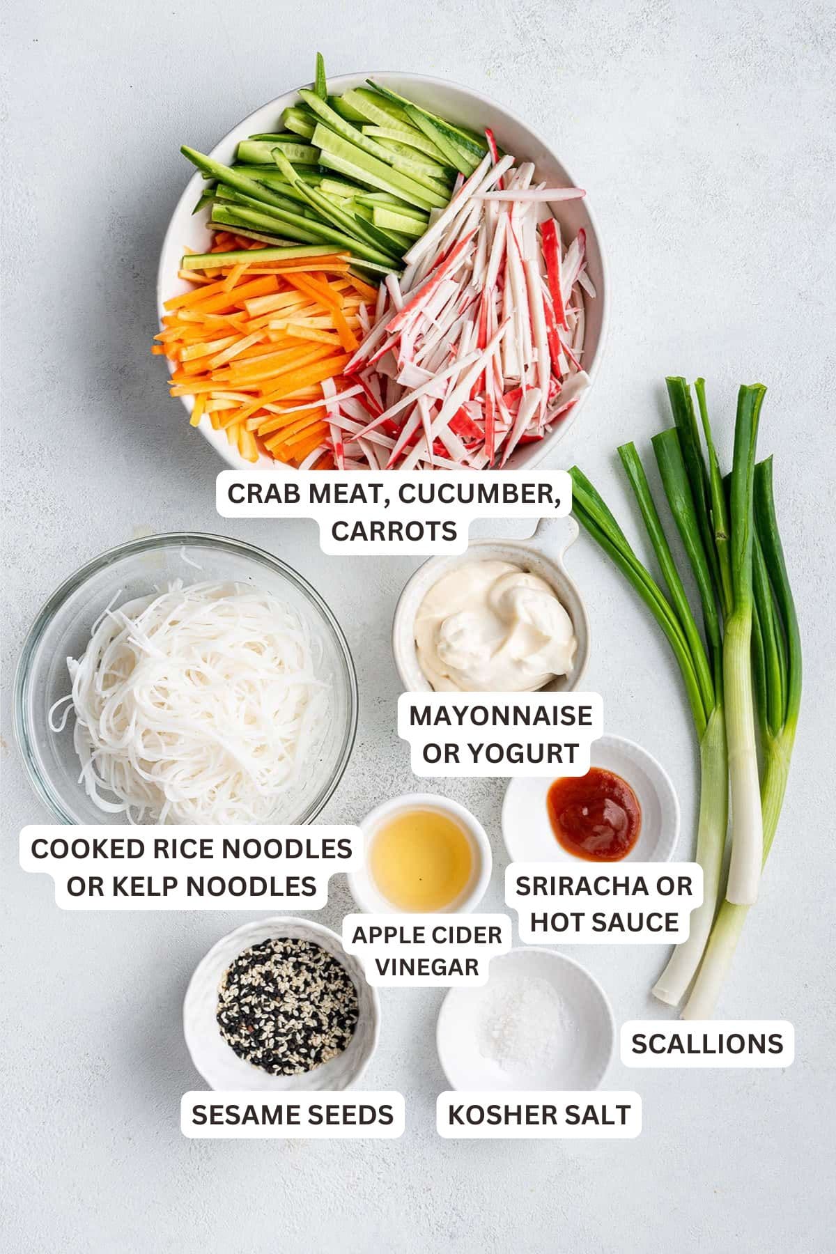 This spicy kani salad is a common Japanese American dish. It's full of crab meat, fresh veggies, rice noodles, and a tangy sriracha dressing. Ingredients for Kani Salad.