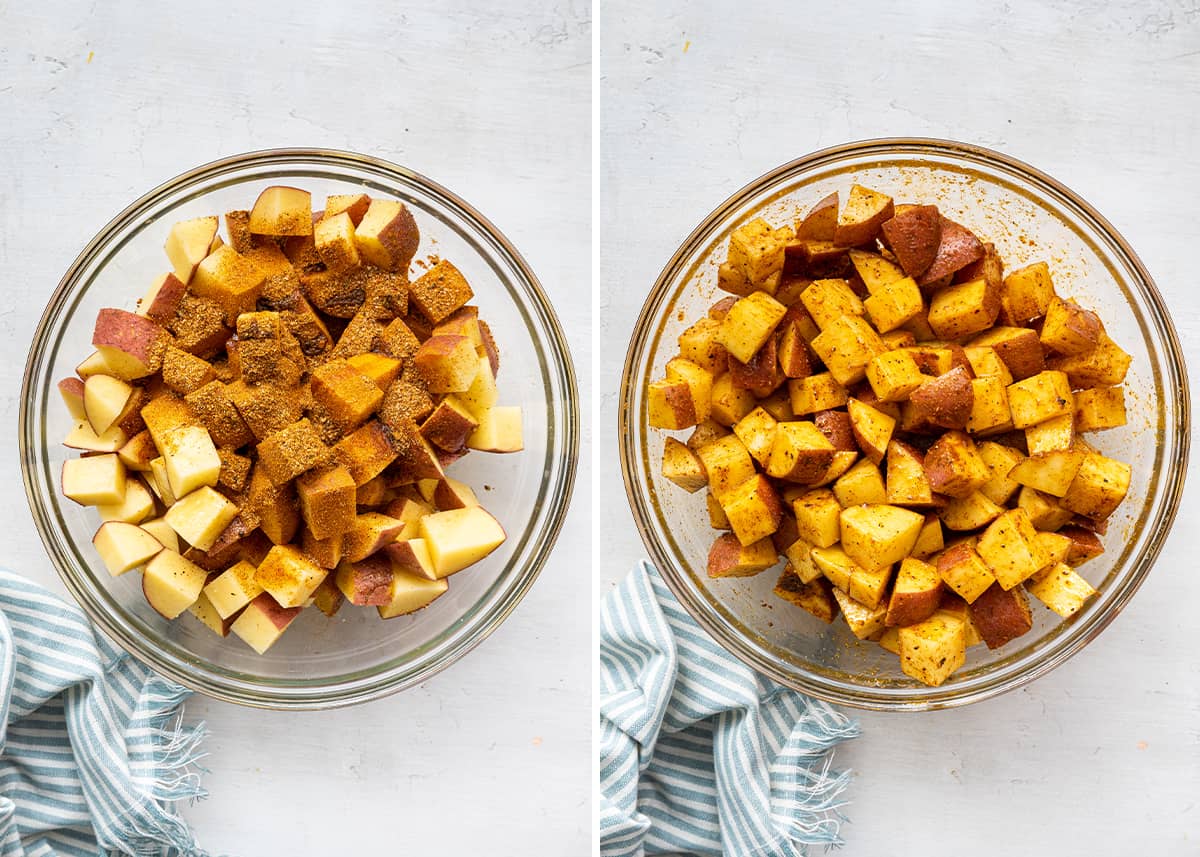 A side by side with a mixing bowl full of potato cubes with a spice rub on top, and those potatoes tossed wand coated with the spices