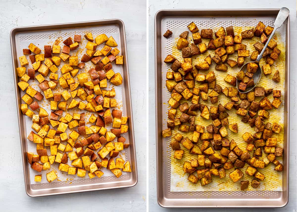 A side-by-side with a picture of uncooked cubed breakfast potatoes on a baking sheet, and a picture of them after they're done baking