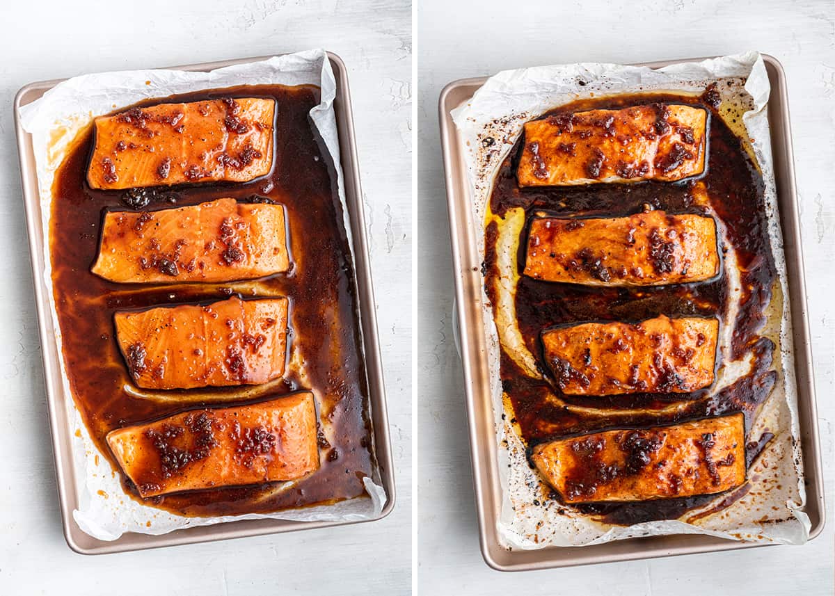 Side by side with a picture of four raw salmon fillets covered in sauce on a baking sheet, and four cooked honey glazed salmon fillets on a baking sheet