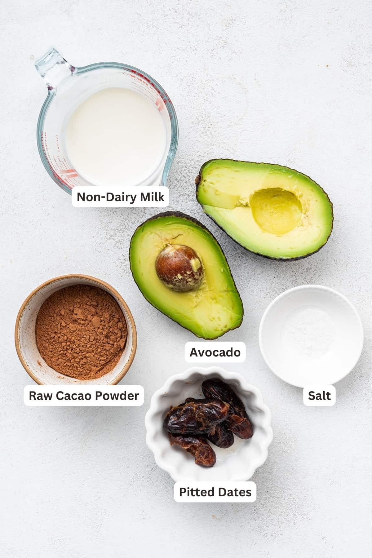 Ingredients for Vegan Chocolate Avocado Mousse.