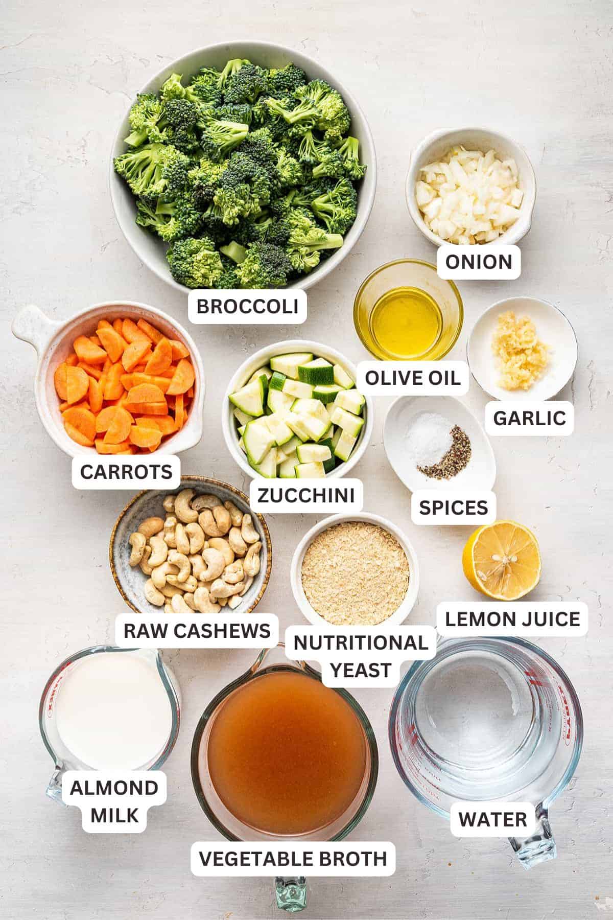 This creamy vegan broccoli soup is rich and silky without dairy. It's packed with savory veggies and ready in one pot in an hour or less! Ingredients for Vegan Cream of Broccoli Soup.