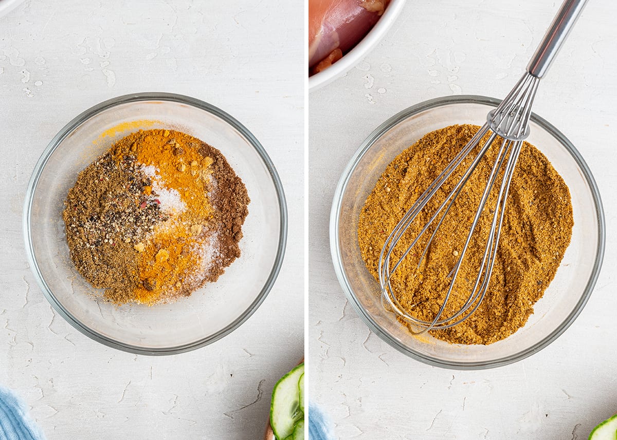 Side-by-side photo of seasonings in glass bowl, one before and one after whisking