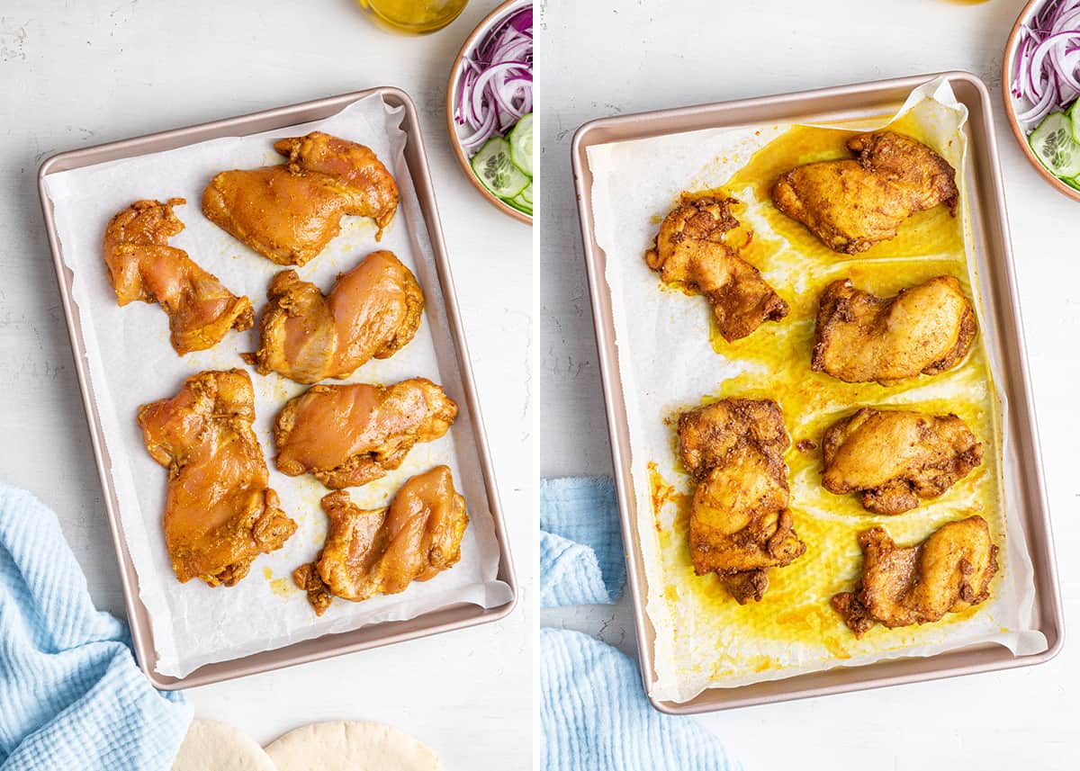 Two side-by-side photos of chicken shawarma on sheet pan, with one uncooked and the other cooked