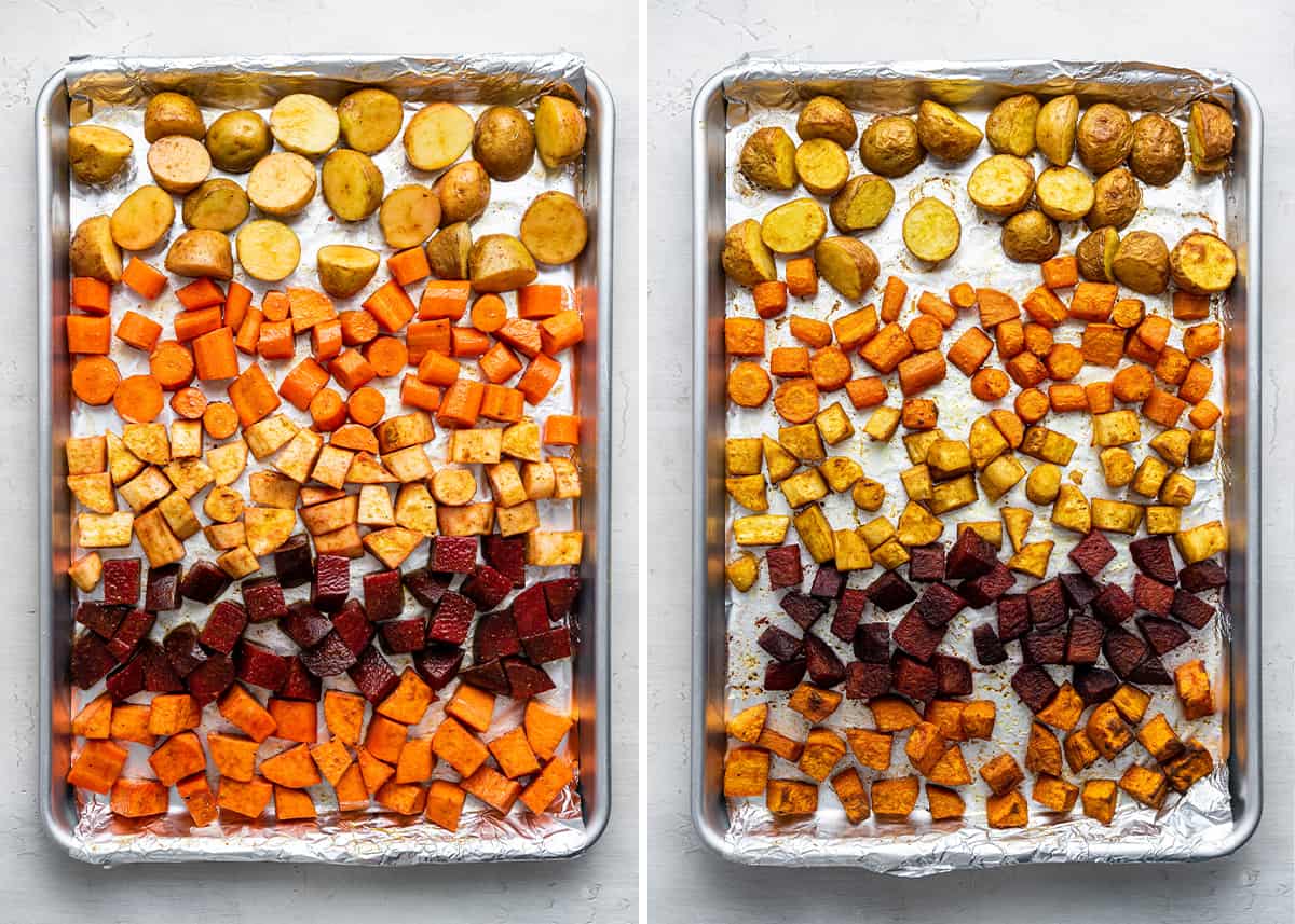 Side-by-side photos of unbaked and baked root vegetables on sheet pan