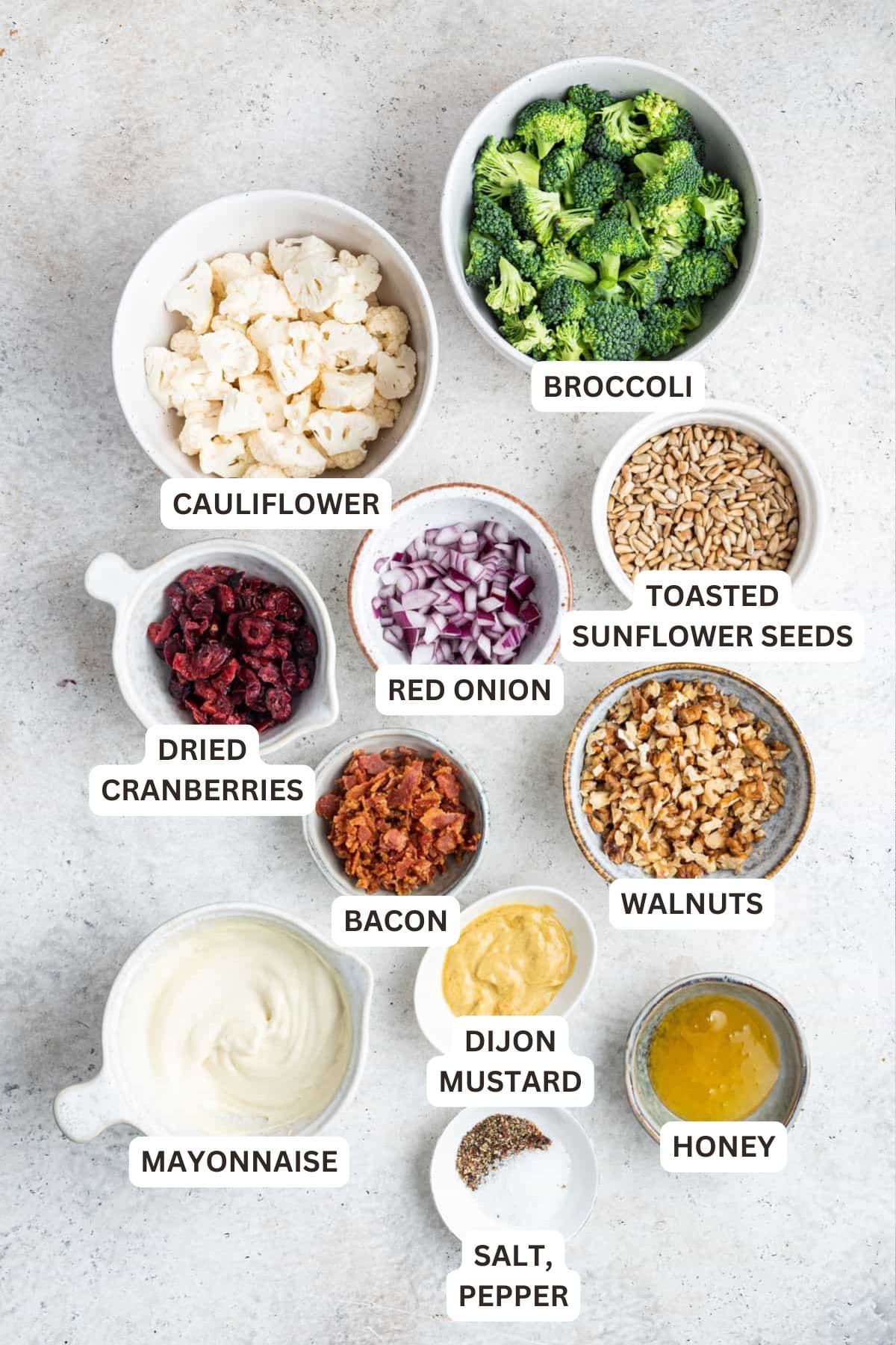 This broccoli cauliflower salad with bacon is light, refreshing, creamy, and healthy, and only takes 15 minutes to make. Ingredients for Broccoli + Cauliflower Salad.