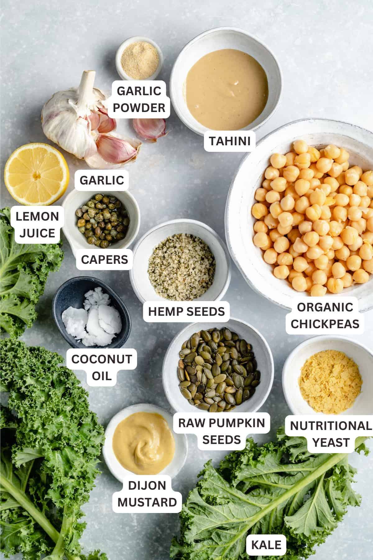Ingredients for Kale Caesar Salad with Crispy Chickpea Croutons.