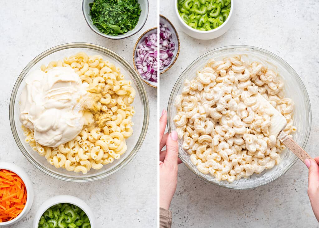 Side-by-side photos of macaroni, mayo, and seasonings in mixing bowl and stirring ingredients together