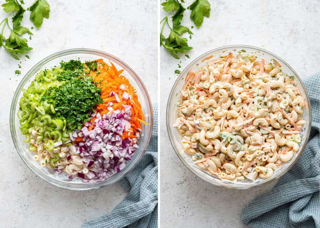 Side by side photos of Hawaiian mac salad ingredients in mixing bowl and mixed salad
