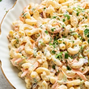 Overhead view of Hawaiian macaroni salad in serving bowl