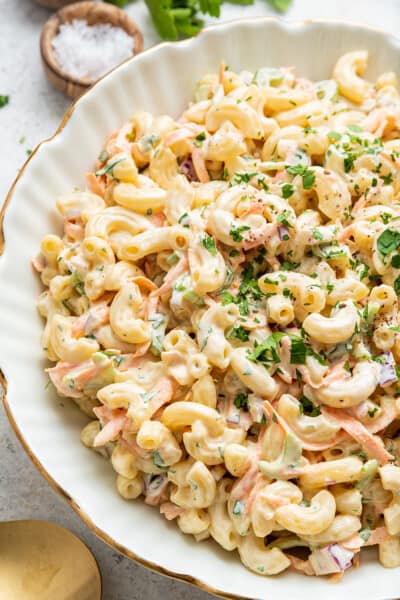 Overhead view of Hawaiian macaroni salad in serving bowl