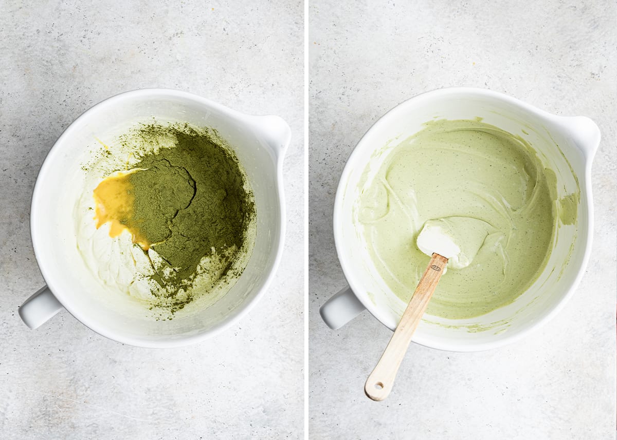 Side by side with a picture of a stand mixer bowl filled with whipped cream, matcha powder, and condensed milk, and a picture of those ingredients mixed together with a spatula in it