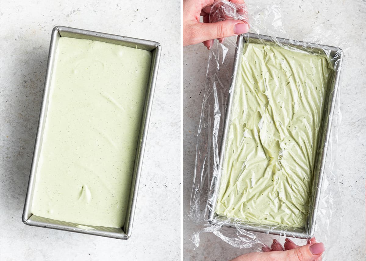Side by side with a picture of a loaf pan filled with unfrozen matcha ice cream base, and a picture of two hands stretching plastic wrap over the loaf pan