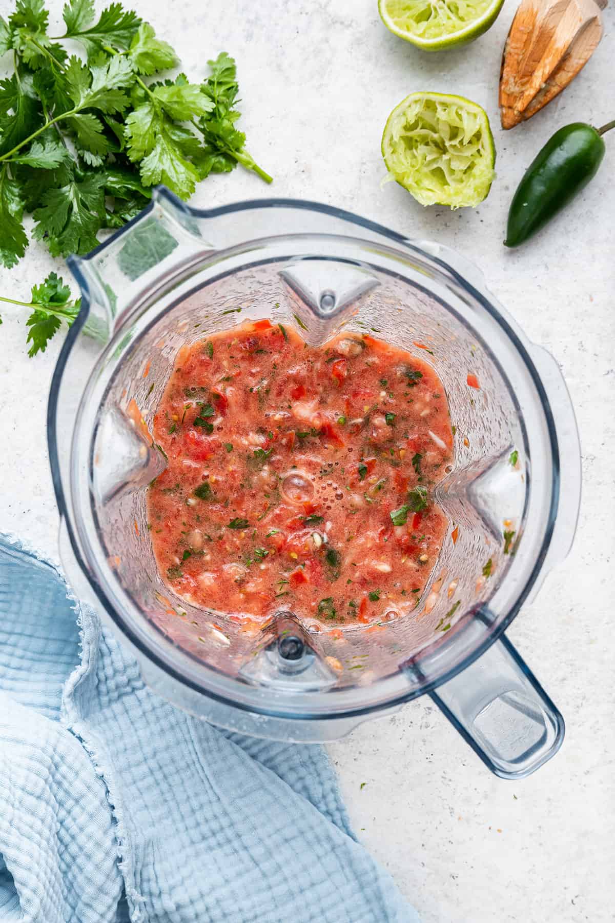Overhead view of salsa roja in blender