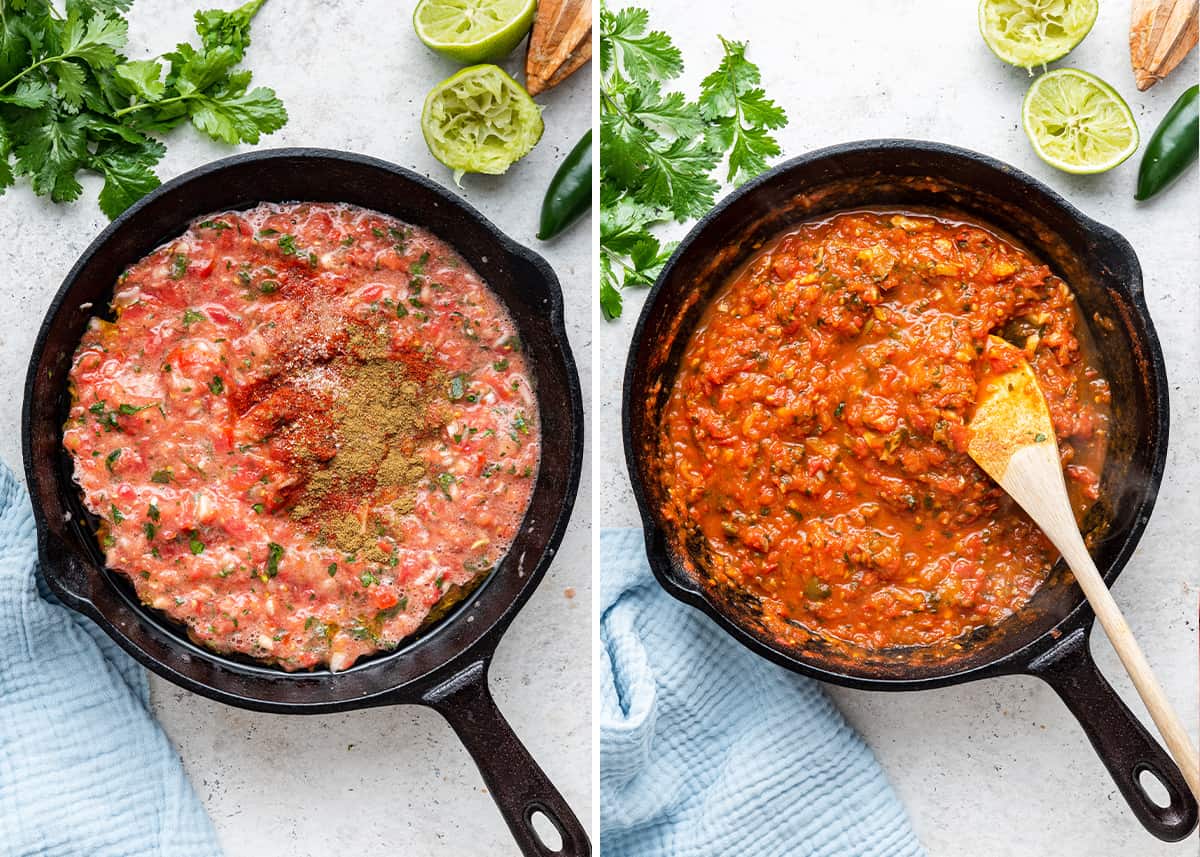Side by side photos of uncooked salsa roja in cast iron skillet and cooked salsa roja