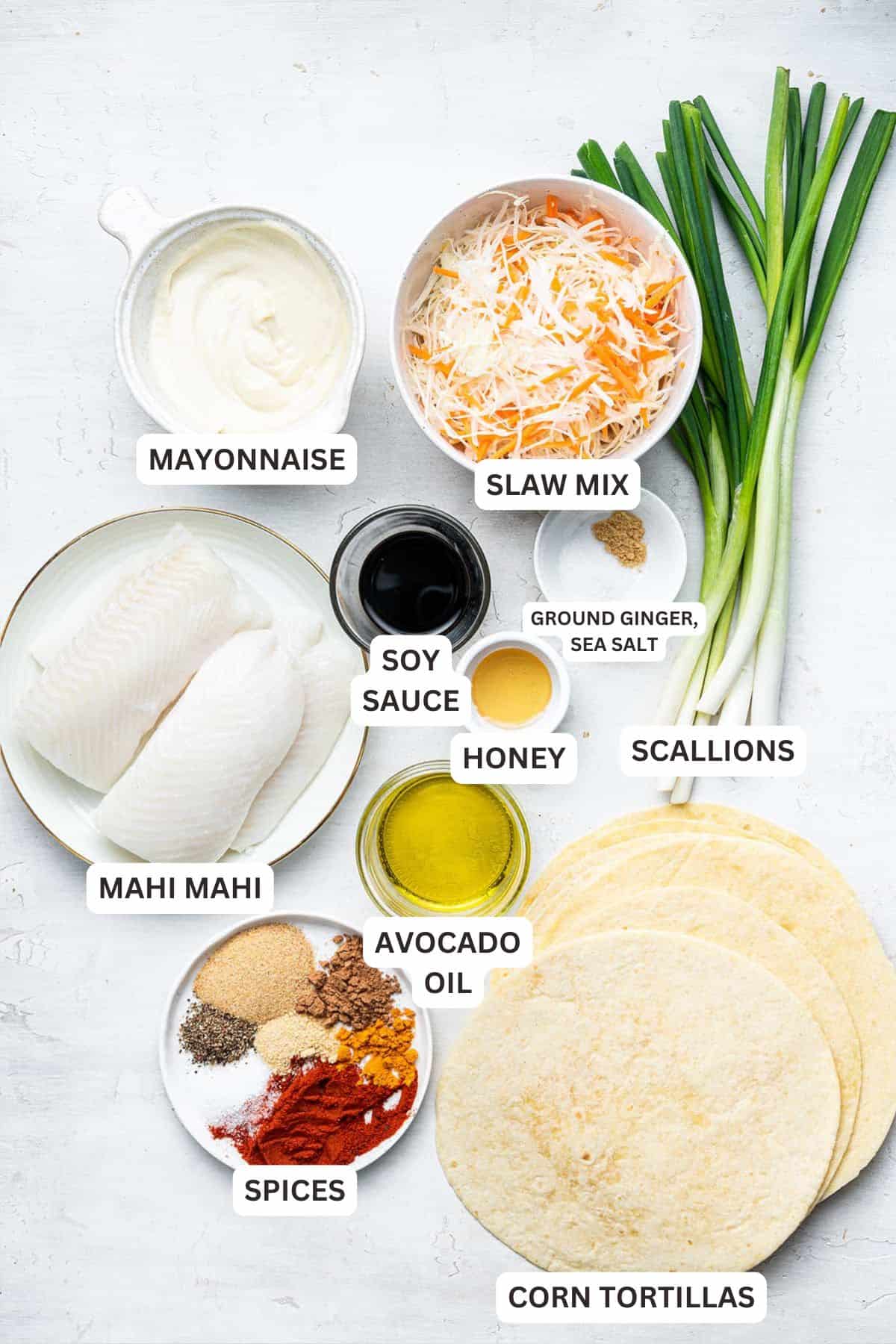 These blackened fish tacos are packed with juicy, tender mahi-mahi, a spicy fusion spice rub, and a fresh and crunchy Asian slaw. Ingredients for Blackened Fish Tacos.