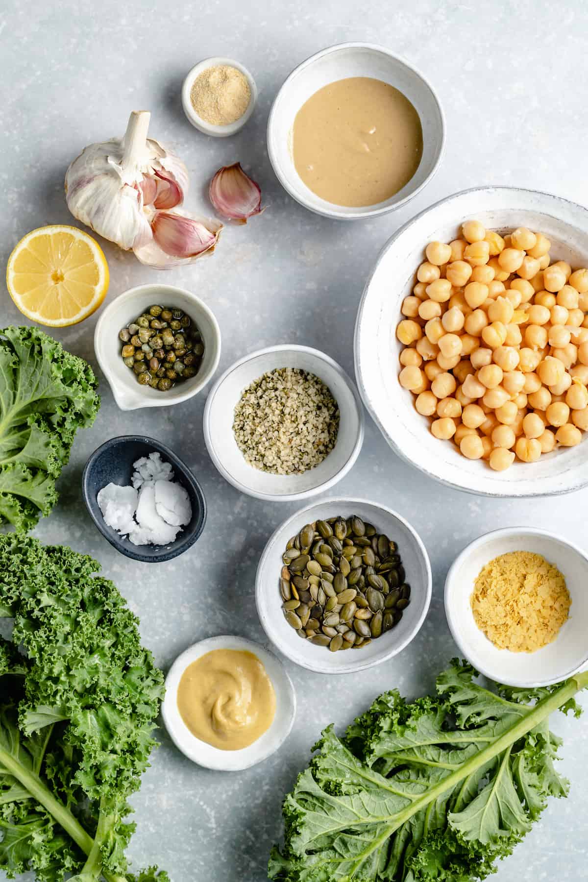 Ingredients for vegan kale Caesar salad.