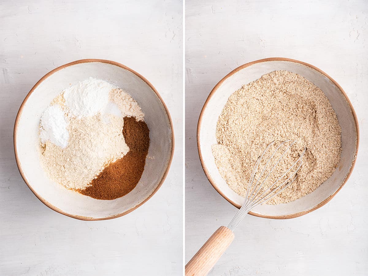 Side by side photos of dry ingredients for pumpkin bread; one before mixing and one after