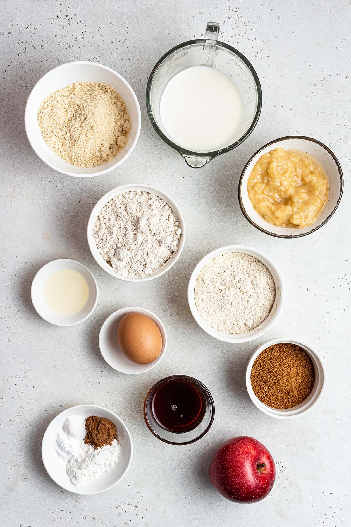 Overhead view of ingredients for apple cinnamon muffins