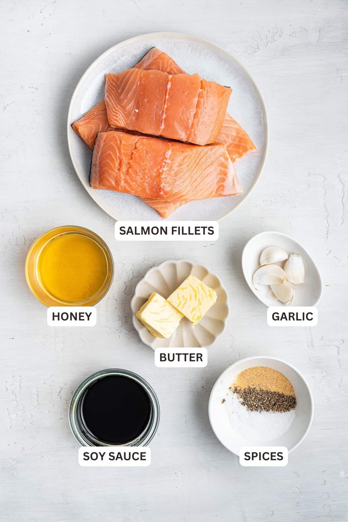 This tender and juicy honey glazed salmon is coated with butter, garlic, honey, and soy sauce, and it only takes 20 minutes to make. Ingredients for Honey Glazed Salmon.
