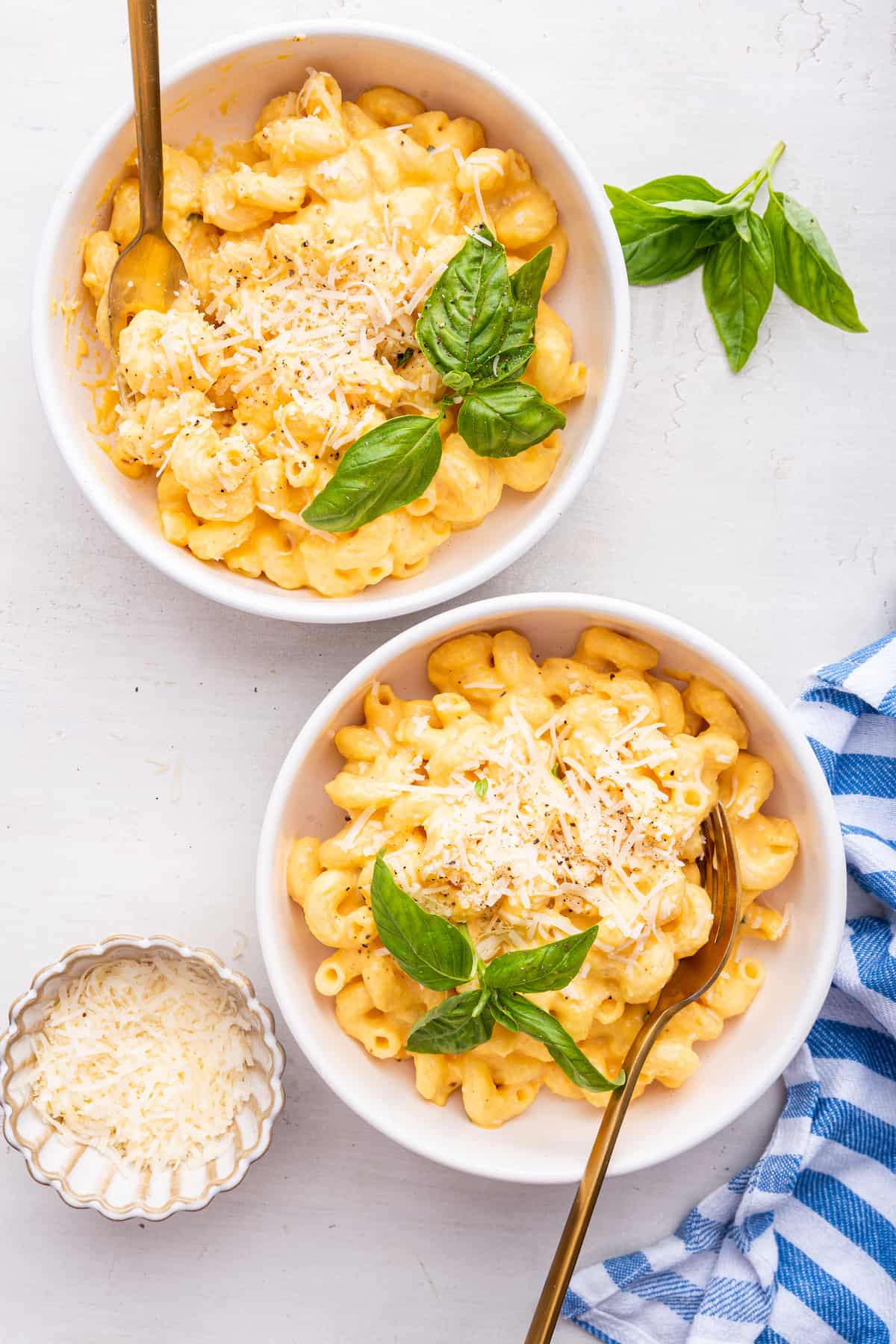 Overhead view of two bowls of butternut squash mac and cheese