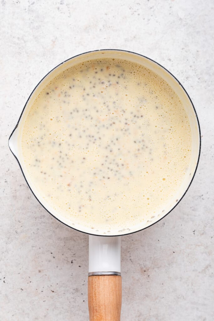 Overhead view of protein oatmeal in saucepan