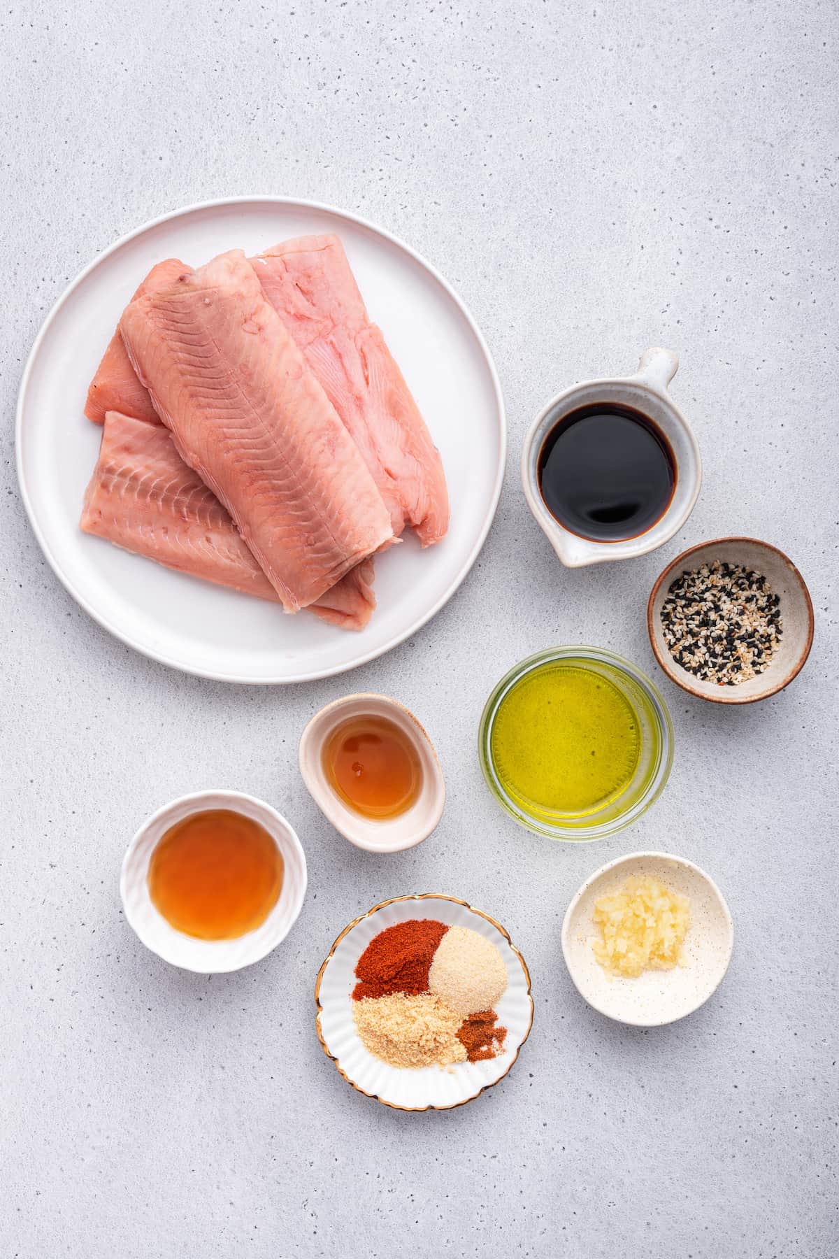 Overhead view of air fryer salmon bite ingredients