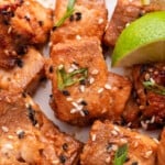 Closeup of crispy air fryer salmon bites