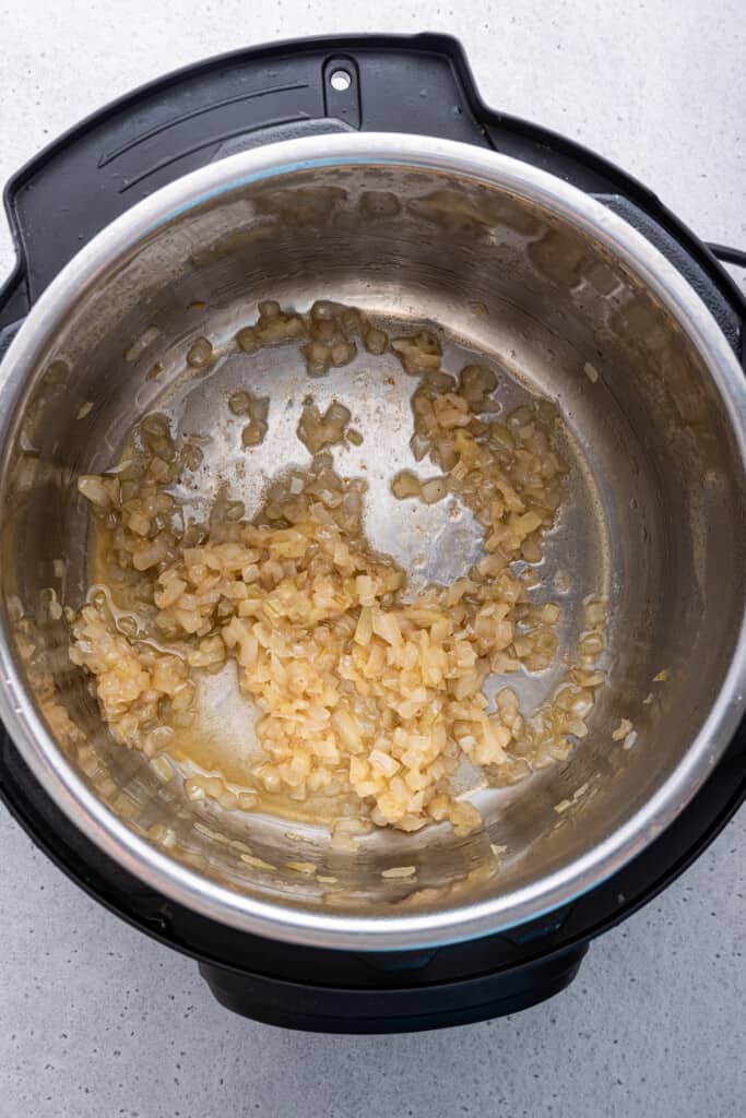 Overhead view of onions in Instant Pot