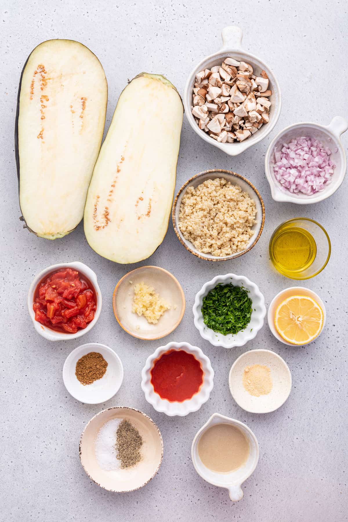 Overhead view of ingredients for quinoa stuffed eggplant