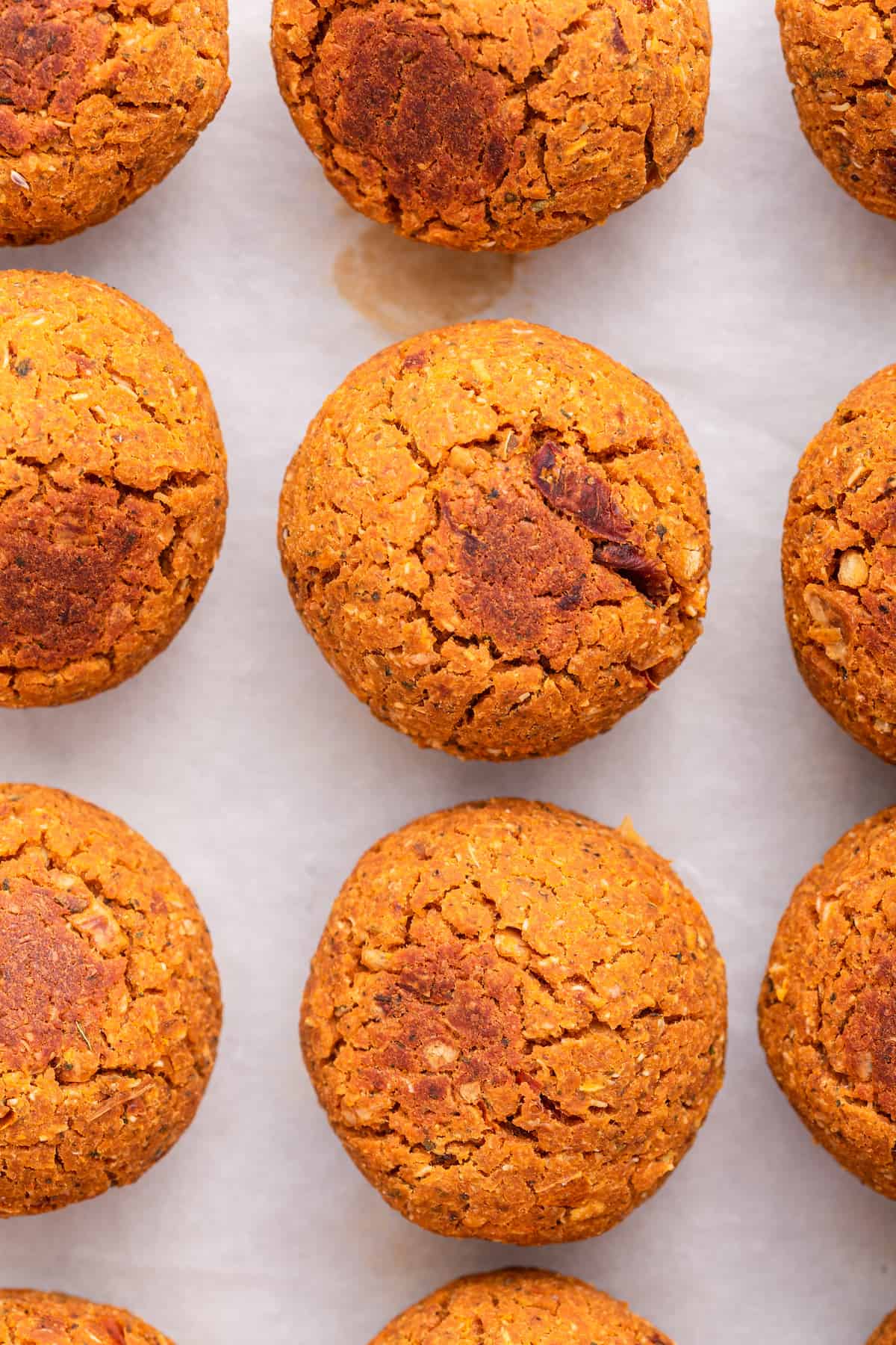 Overhead view of baked vegan meatballs