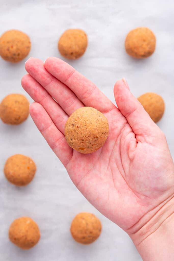 Hand holding unbaked vegan meatball