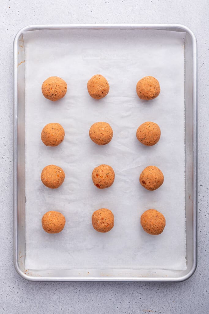 Overhead view of vegan meatballs before baking