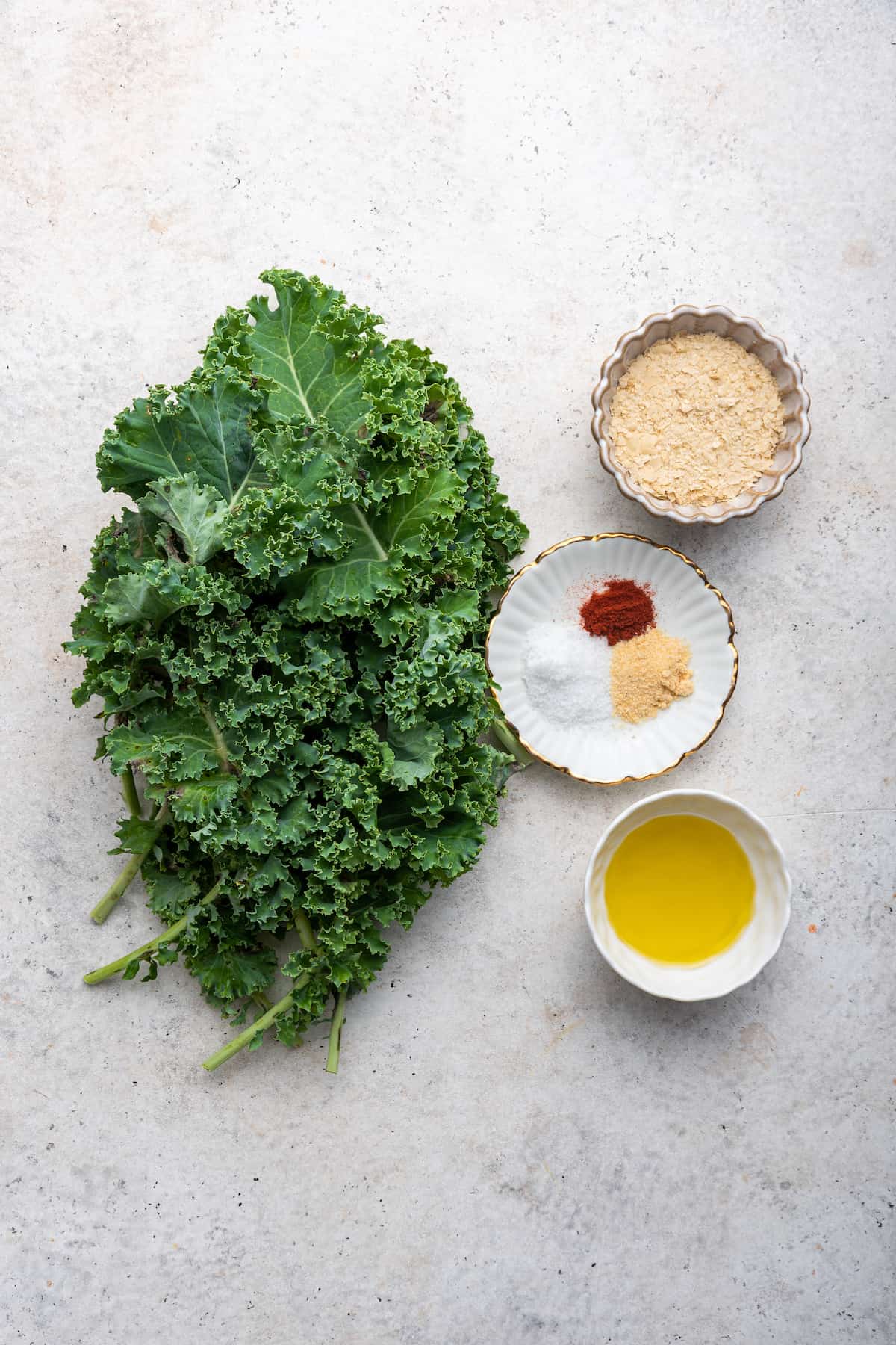Overhead view of ingredients for kale chips