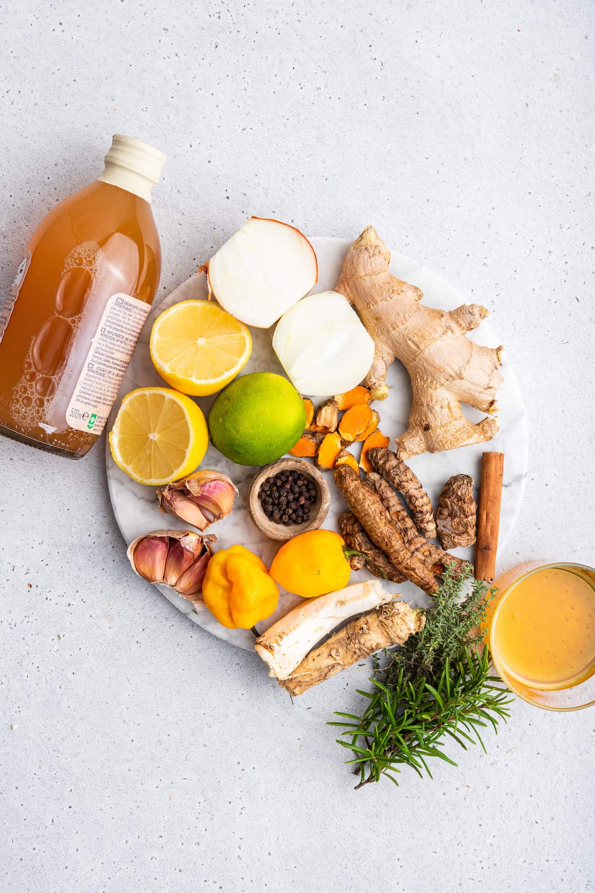Overhead view of ingredients for fire cider