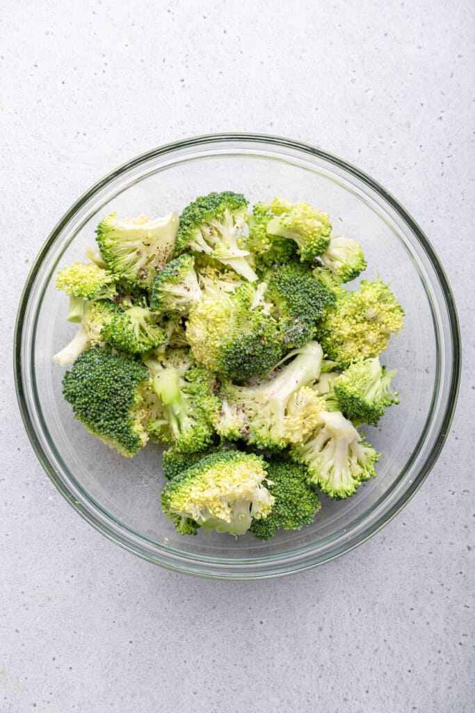 Overhead view of broccoli in bowl