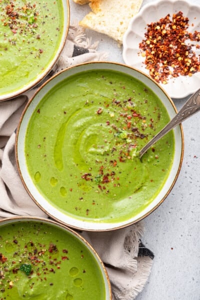 Overhead view of 3 bowls of detox soup