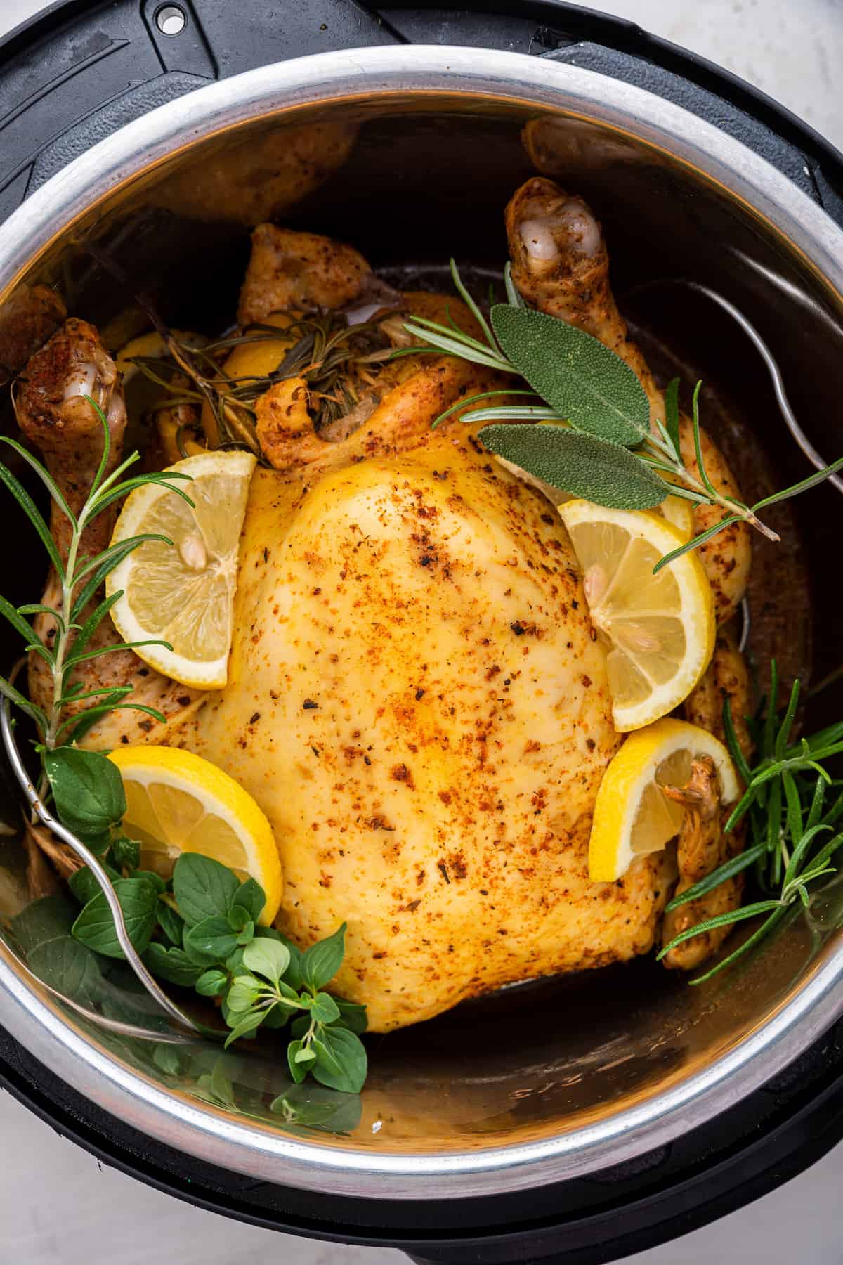 Overhead view of whole chicken cooked in Instant Pot