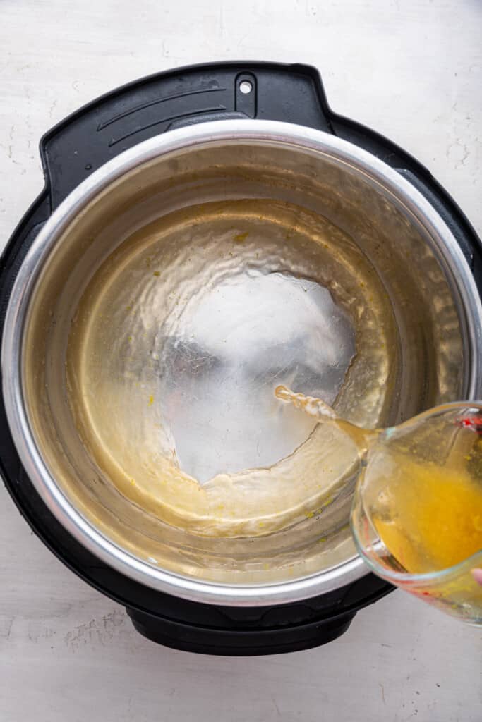 Overhead view of stock being poured into Instant Pot