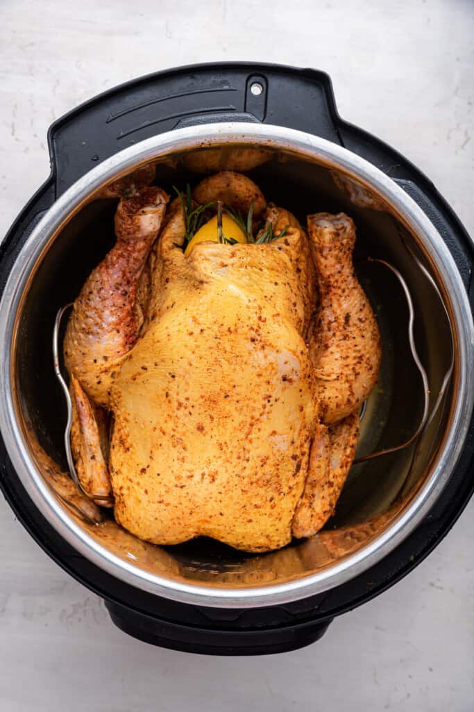 Overhead view of uncooked Instant Pot whole chicken on trivet in pot