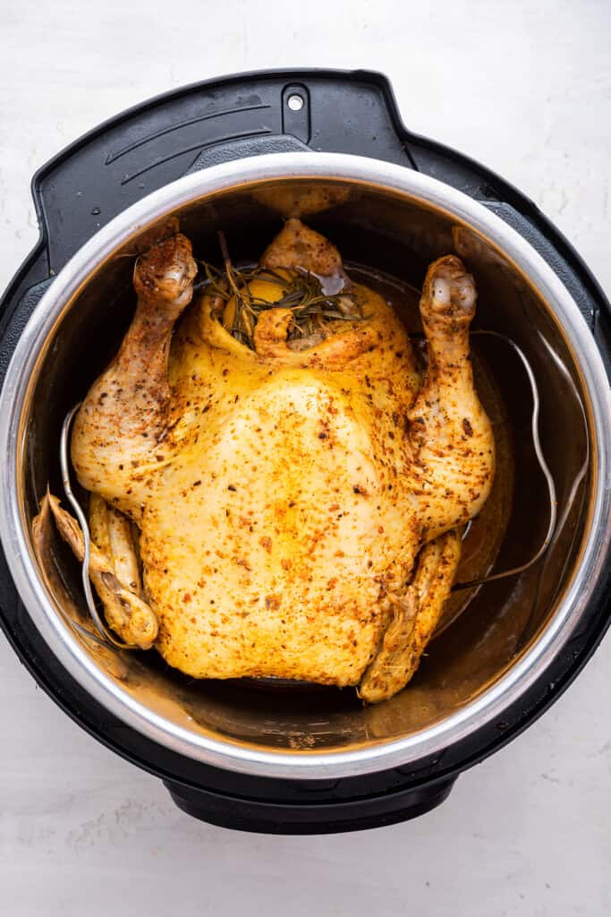 Overhead view of Instant Pot whole chicken in pot