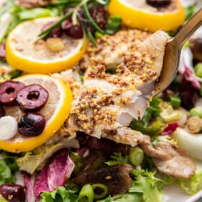 Fork holding piece of baked halibut over plate with salad