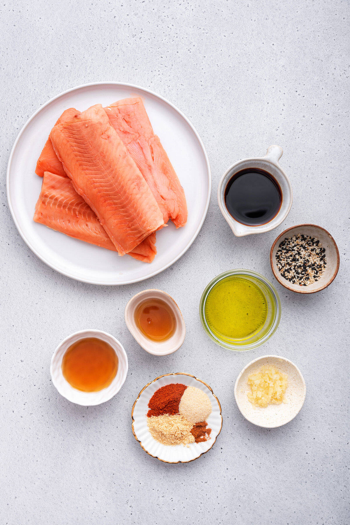 Overhead view of air fryer salmon bite ingredients
