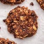 Overhead view of banana oatmeal cookies on crumpled parchment paper