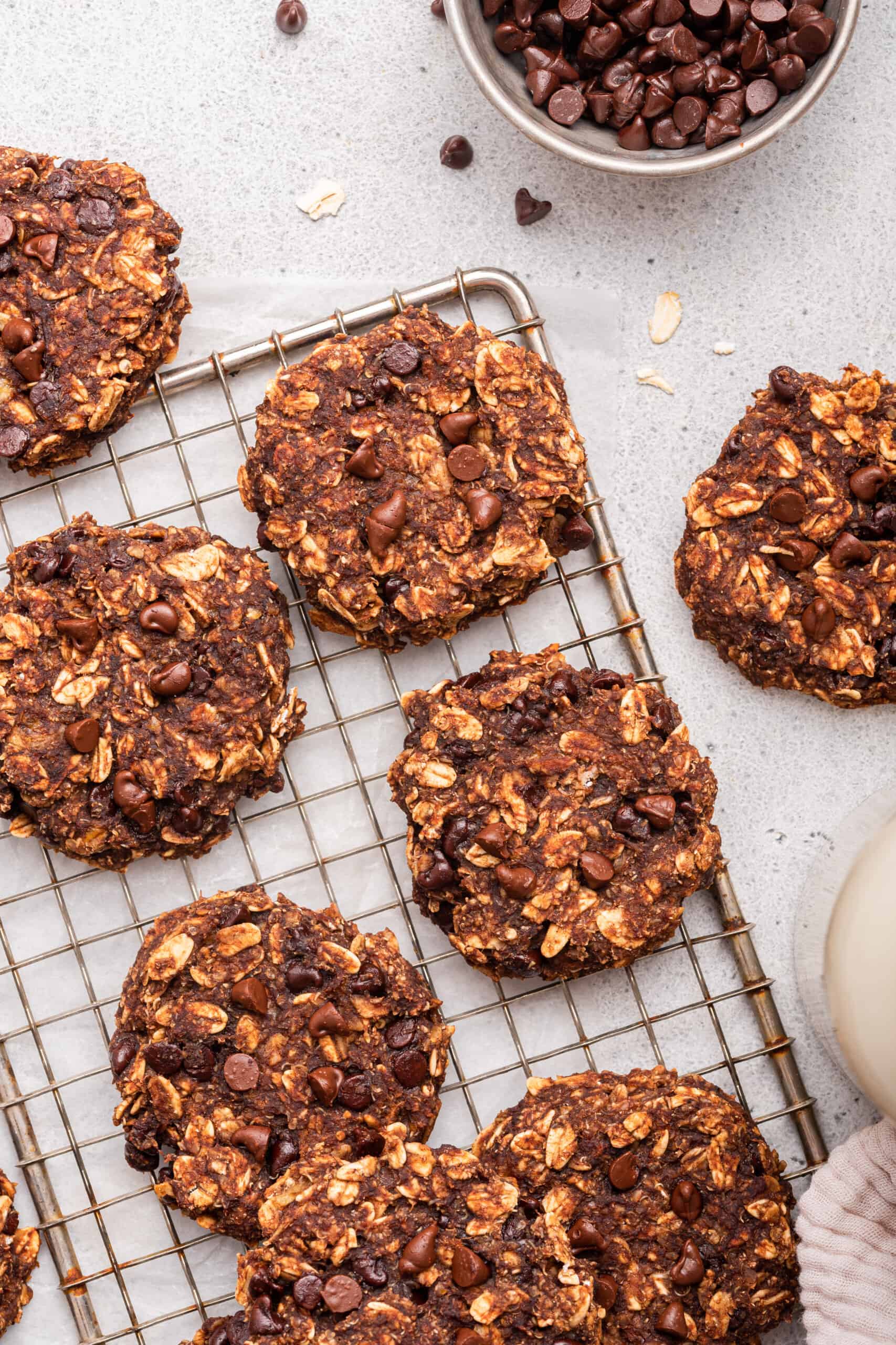 Overhead view of banana oatmeal cookies on wire cooling rack